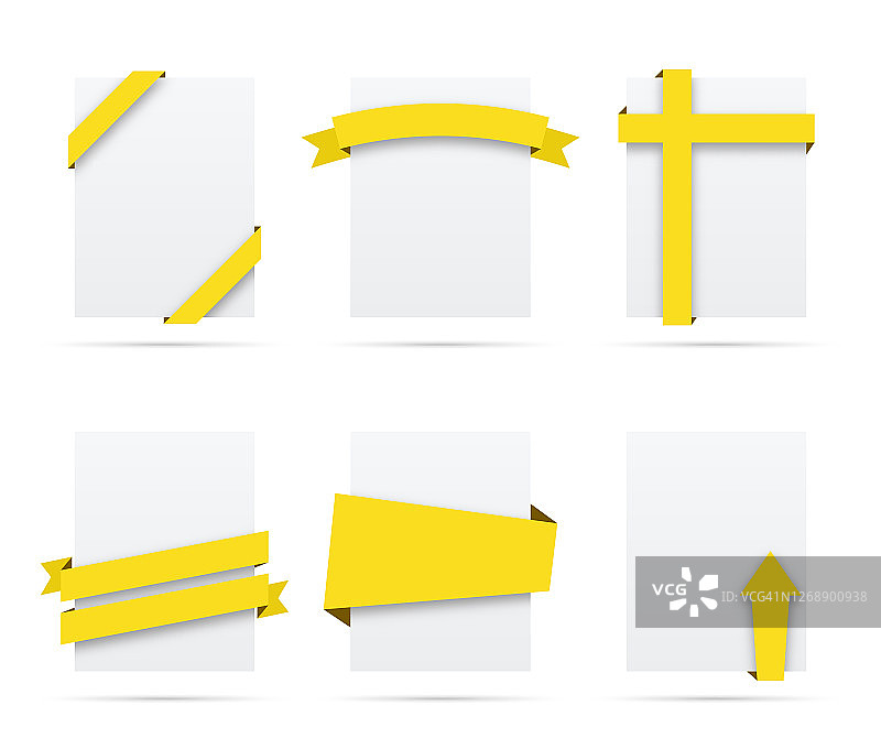 一套黄色丝带上的空白白色标签-设计元素图片素材