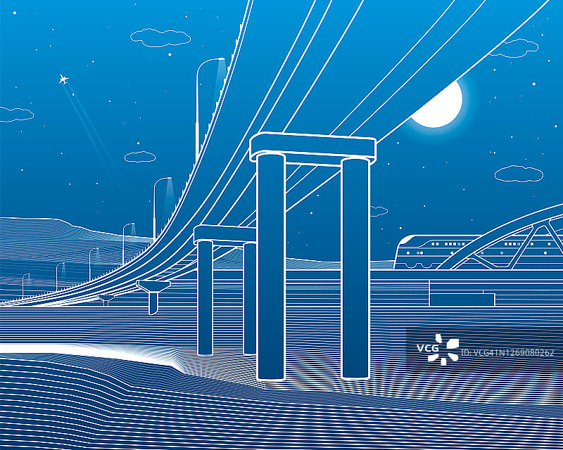 概述公路桥。汽车天桥。火车。基础设施插图。矢量设计艺术。蓝色背景上的白线。图片素材