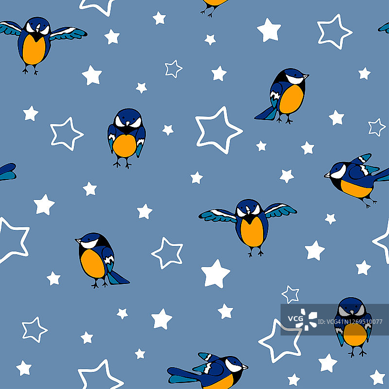 无缝矢量模式与山雀和星星在蓝色背景。带有小鸟的简单墙纸设计。儿童动物时尚纺织品。图片素材