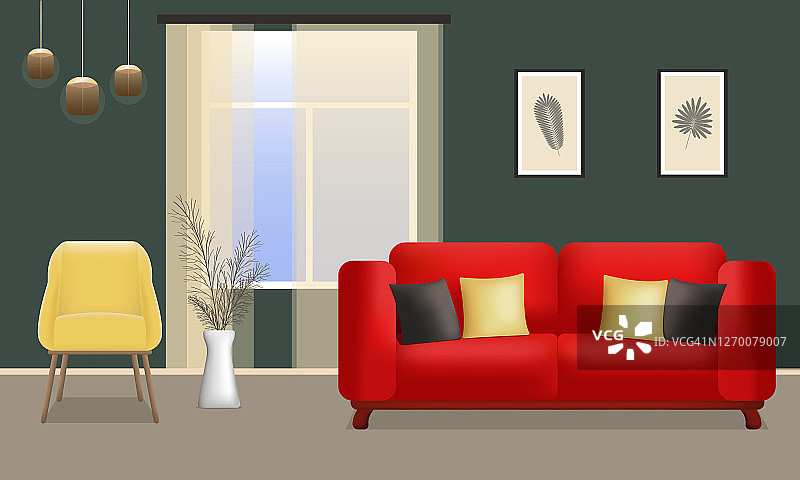 客厅有红色的沙发，黄色的扶手椅和窗户。客厅现代室内设计。室内设计图片素材