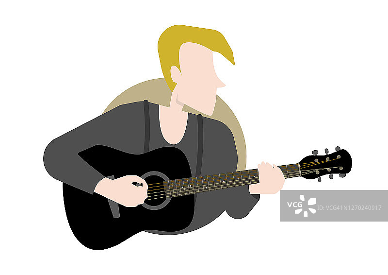 一个年轻人在弹黑色原声西班牙吉他。图片素材