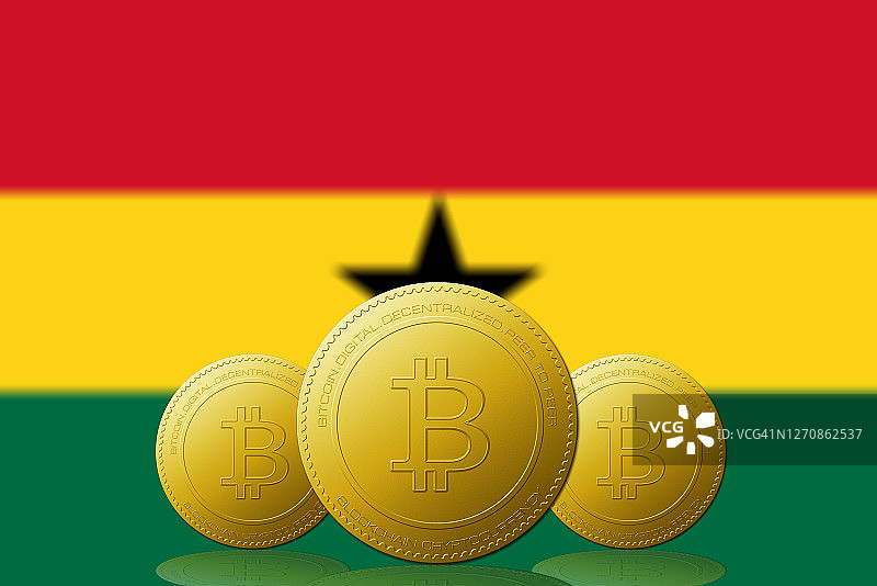 三种比特币加密货币，背景是加纳国旗。图片素材