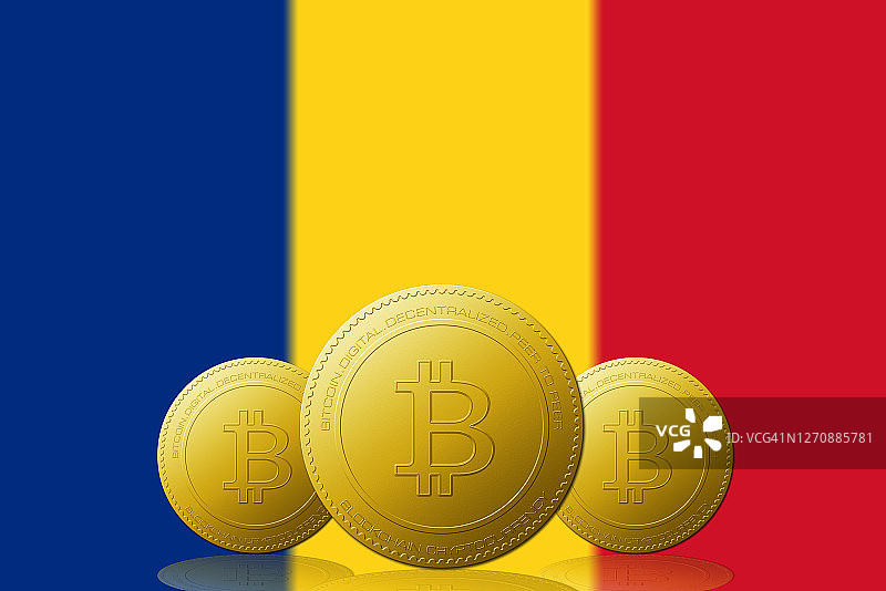 三种比特币加密货币，背景是罗马尼亚国旗。图片素材