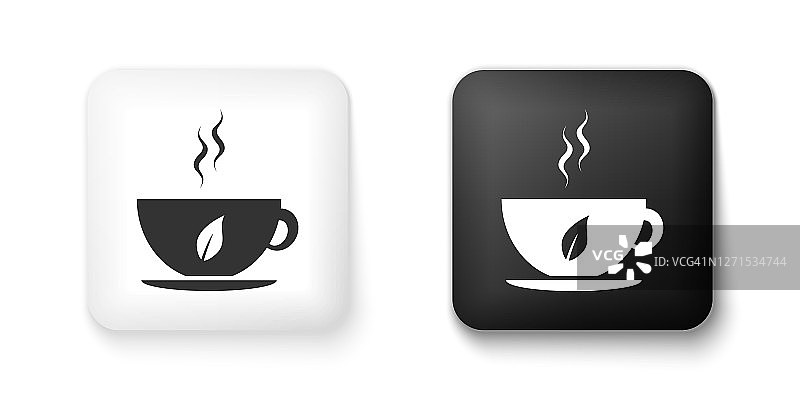 黑白杯茶和叶子的图标孤立在白色的背景。方形按钮。向量图片素材
