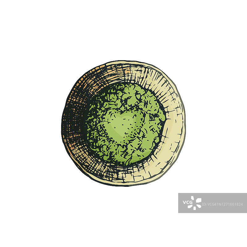 矢量插图与日本喝抹茶茶粉在马克杯顶部视图在手绘风格的颜色。图标或可爱的心形传统茶包装设计图片素材