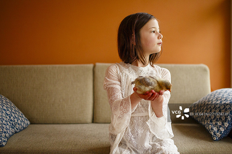 一个严肃的小孩手里拿着一只小鸡向一边张望图片素材