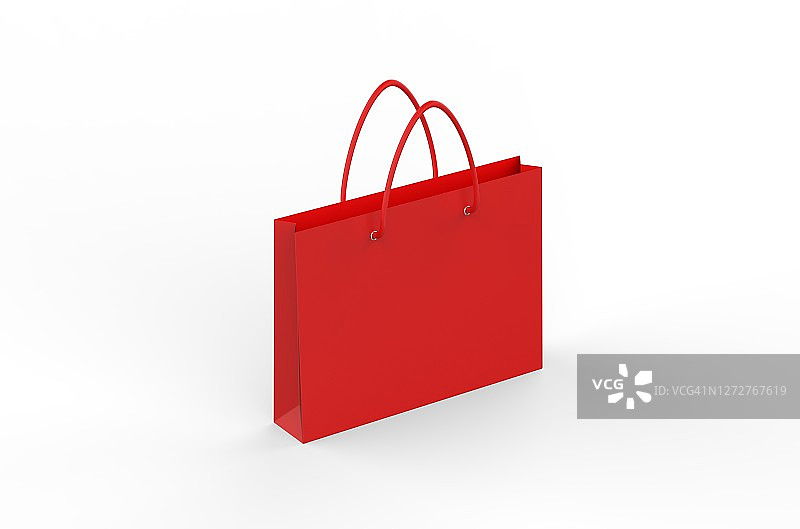 红色购物纸袋，手提袋模型模板上孤立的白色背景，3d插图图片素材