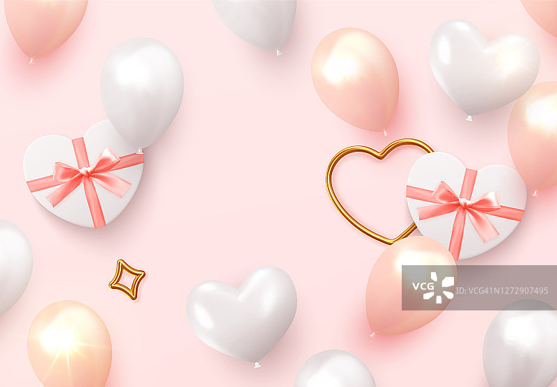 浪漫和婚礼。节日设计现实的礼品盒心形，粉色和白色气球。矢量图图片素材