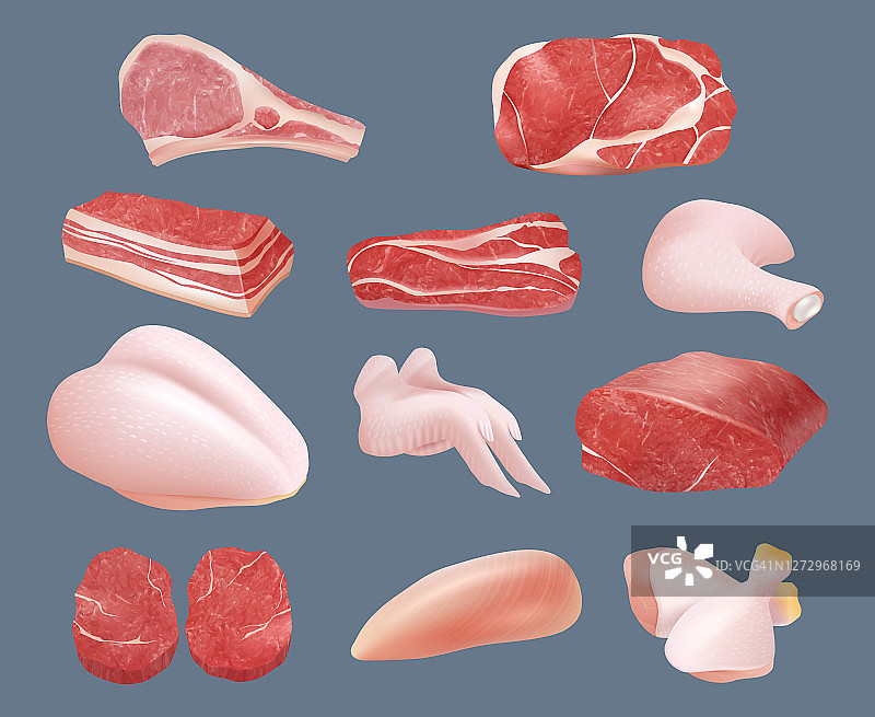 生肉。塑料透明包装与牛肉、鸡肉、猪肉和牛排制品动物切片部分矢量现实图片素材