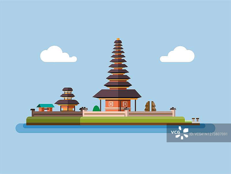 乌伦达努布拉坦寺贝都古尔著名的地标从巴厘岛印度尼西亚插图概念在卡通平面插图矢量图片素材
