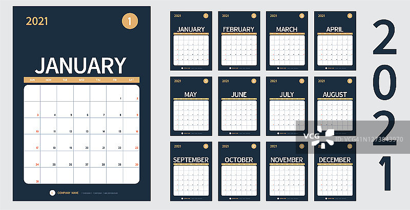 矢量日历2021年新年计划集12个月在干净的最小表简单的设计风格和海蓝色，垂直节日事件模板日历，周开始周日图片素材