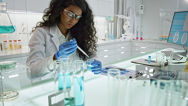 非洲女科学家，研究实验室玻璃器皿图片素材