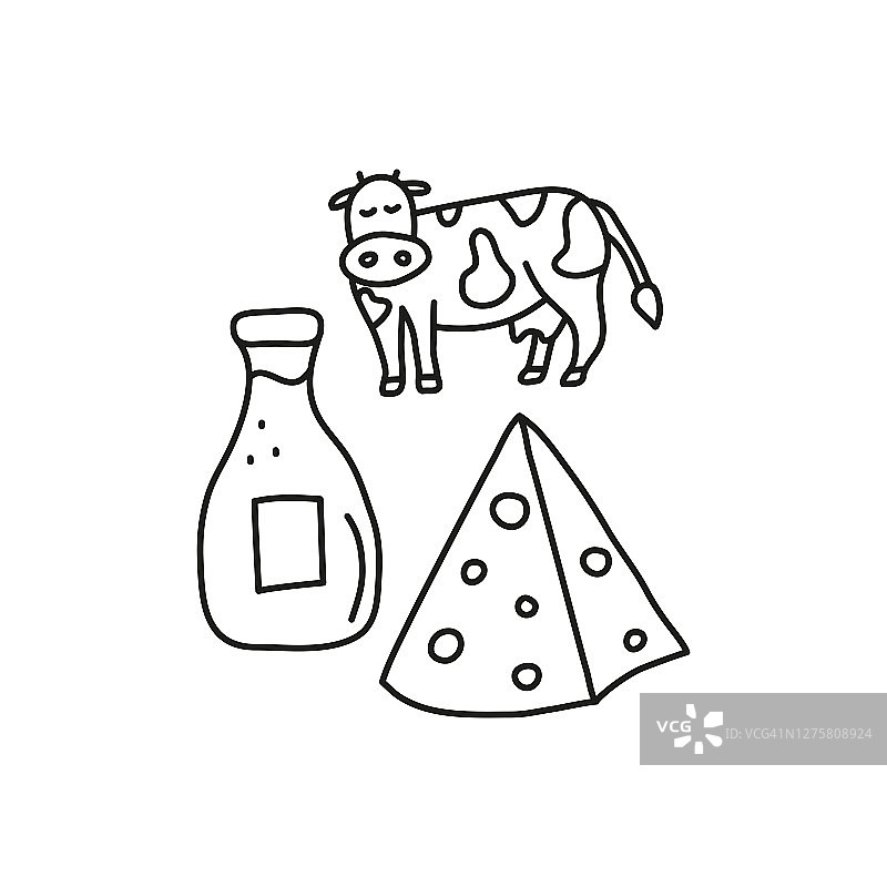 阿尔卑斯牛，玻璃瓶牛奶和奶酪。图片素材