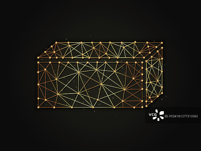 3d矩形金色抽象插图在黑暗的背景。几何形状多边形模板由线和点。图片素材