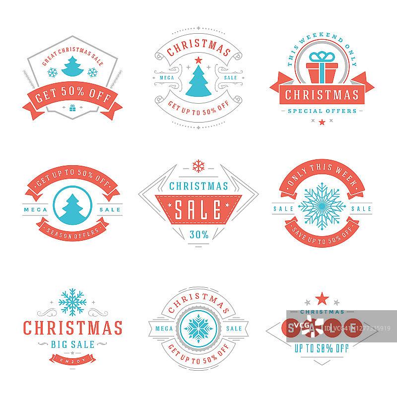 圣诞销售标签和徽章文字排版装饰设计矢量复古风格集图片素材