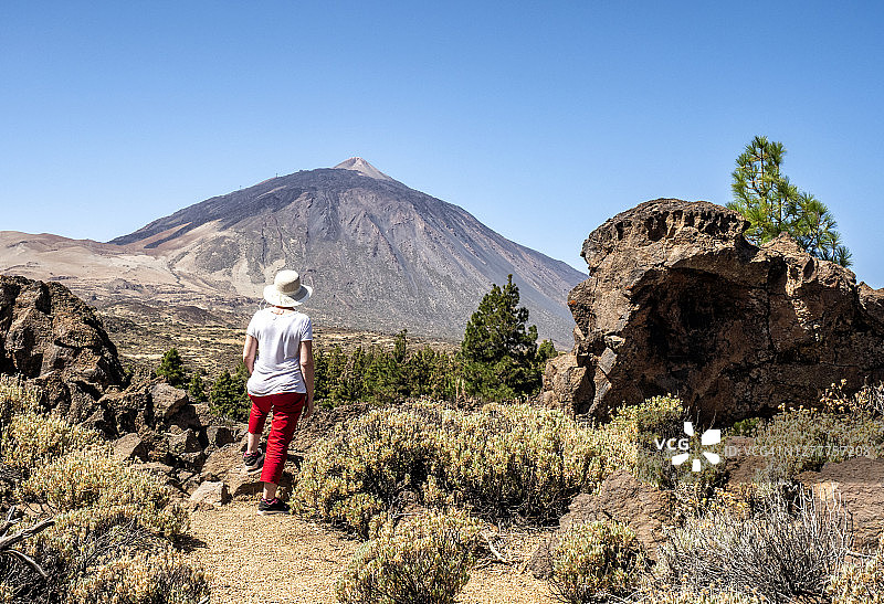 在加那利群岛的特内里费，一名徒步旅行的妇女走过火山景观。图片素材