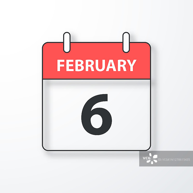 2月6日-每日日历-黑色轮廓与阴影在白色的背景图片素材
