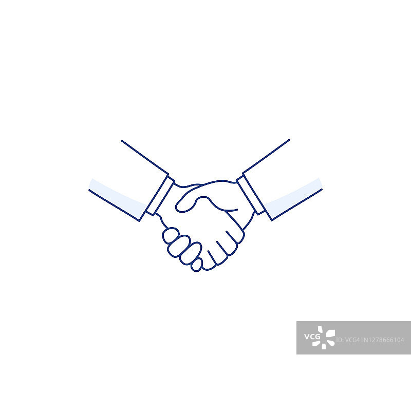 握手细线图标孤立在白色。交易协议合伙标志。男人握手。业务合作伙伴的问候。握手标志着人们友谊的标志。矢量轮廓样式的插图。图片素材