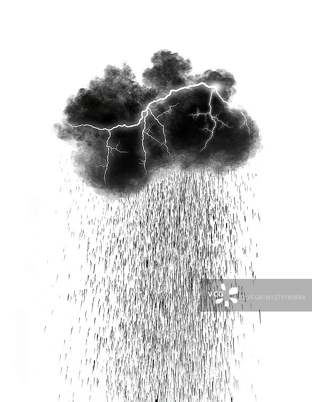 乌云与闪电和雨滴在白色的背景图片素材