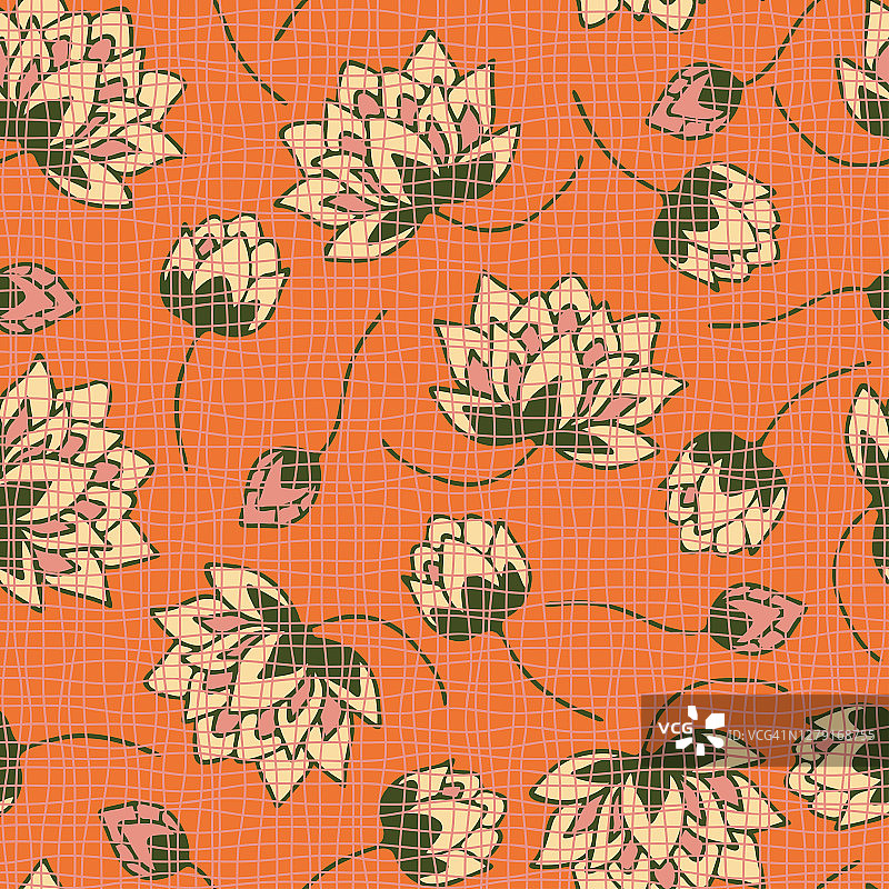 无缝矢量模式与橙色背景上的莲花。简单的花卉纹理的壁纸设计与百合。浪漫时尚纺织品。图片素材