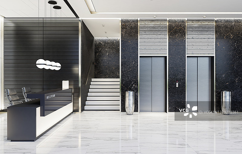现代化的办公室大堂内部区域有电梯和楼梯和长长的接待台图片素材