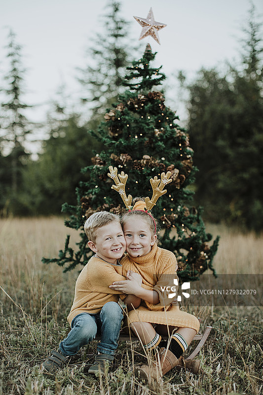 微笑的兄弟姐妹拥抱，坐在圣诞树旁的草地上图片素材
