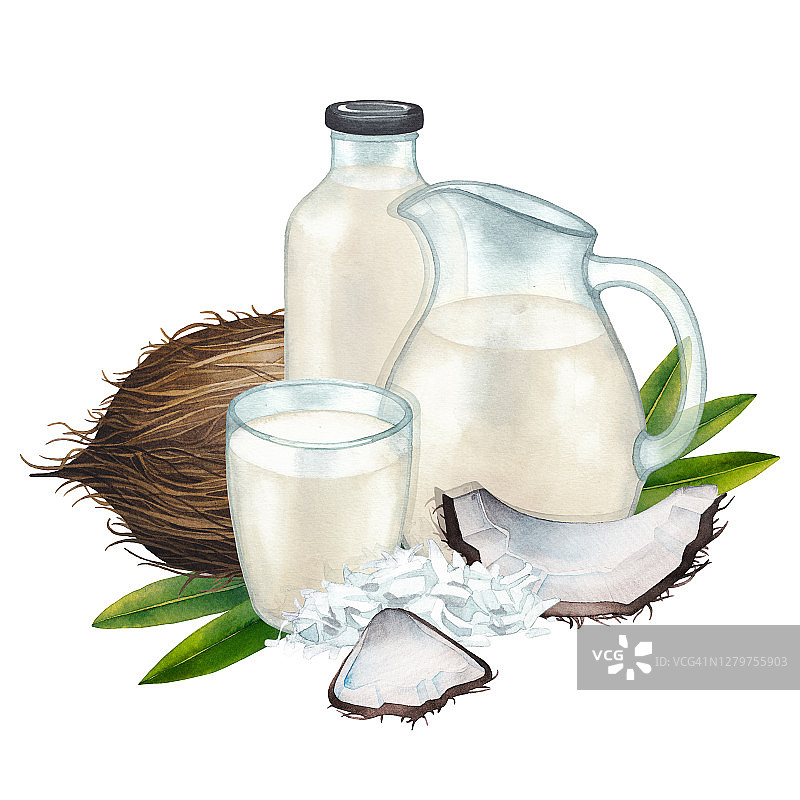 水彩画玻璃，瓶子和罐子的植物牛奶包围椰子叶，坚果和薄片。图片素材
