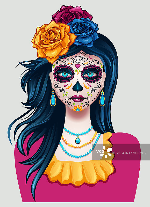 亡灵节女孩脸上的彩绘，墨西哥假日。矢量设计图片素材