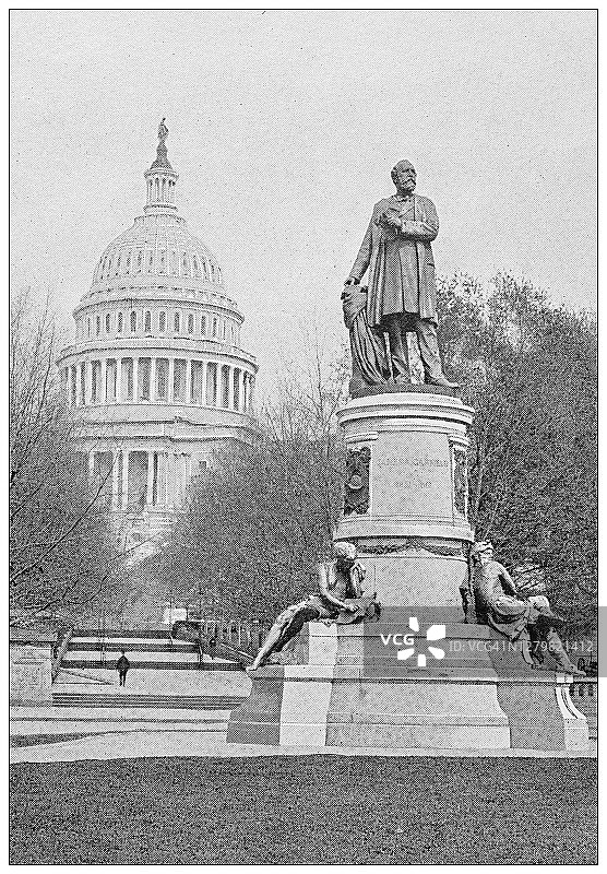 美国华盛顿的古董黑白照片:加菲猫雕像图片素材