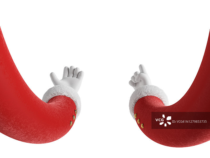 3d渲染，圣诞老人卡通人物的手穿红袖和白手套。圣诞假期剪辑艺术孤立的白色背景图片素材