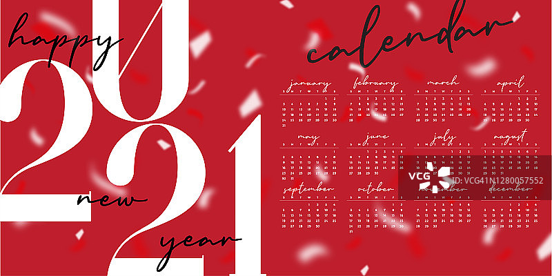 2021年新年快乐文字设计。一套商业日记的封面为2021年，彩色，红色和白色的愿望。日历设计模板。图片素材