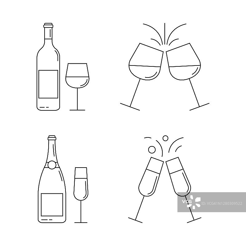葡萄酒和香槟酒瓶与眼镜轮廓图标设置。欢呼的迹象。矢量插图。图片素材