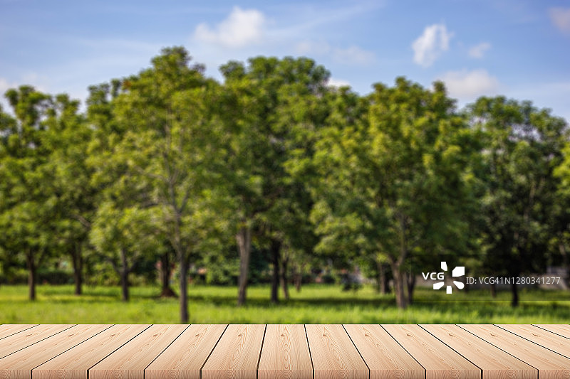 空的木板桌面与大树，绿色的草，天空和云彩与模糊的背景-产品展示。图片素材