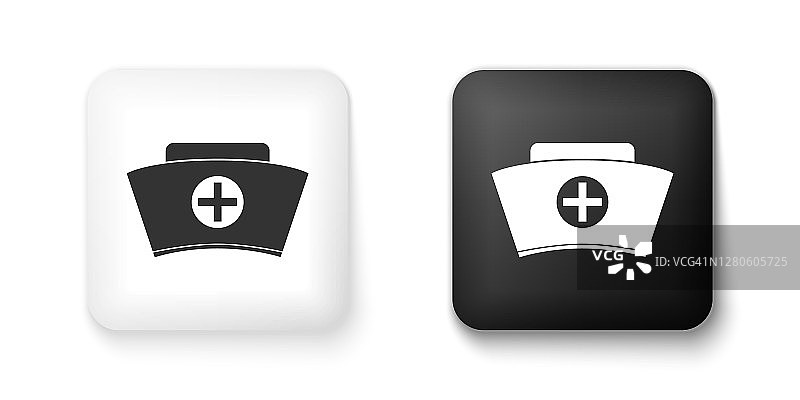 黑白护士帽与十字图标隔离在白色背景。护士帽标志。方形按钮。向量图片素材