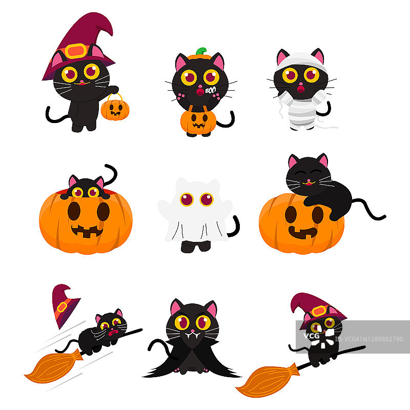 一套可爱的黑猫穿着服装木乃伊，幽灵，吸血鬼和南瓜灯。骑着飞天扫帚。藏在南瓜灯里，提着南瓜灯，坐在南瓜灯矢量图上图片素材