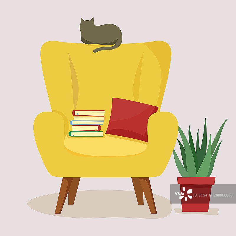 有书和枕头的扶手椅。一张小猫坐在上面的舒适的椅子。家具和室内植物。一个放松和读书的地方。平的卡通插图图片素材
