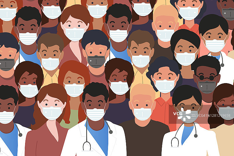 一群戴着医用口罩的人。医生在中心。预防感染和流感的传播。平面风格的矢量插图。图片素材