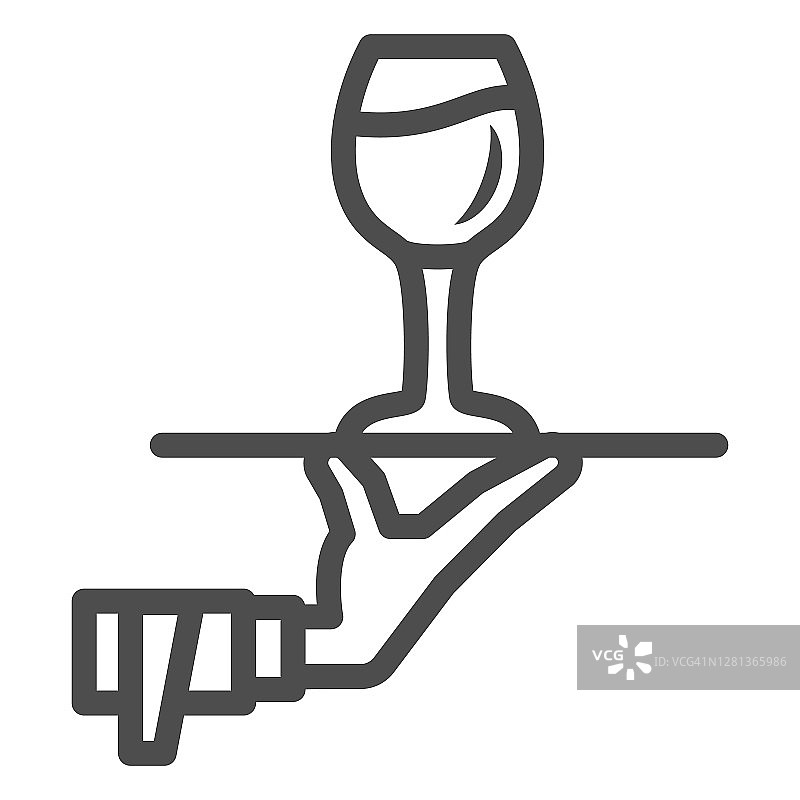 酒杯在托盘上的手线图标，葡萄酒节的概念，饮料服务标志上的白色背景，服务员的手与酒杯在托盘图标的轮廓风格。矢量图形。图片素材