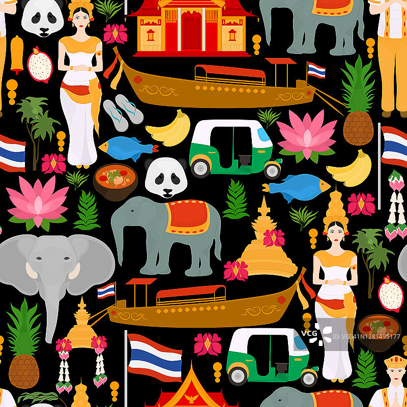 无缝矢量图案与泰国的国家符号。图片素材