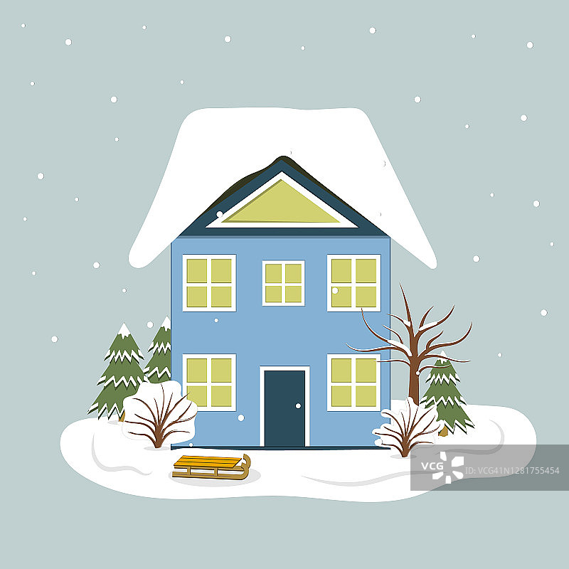 冬季景观蓝房子的背景上有树木和灌木，旁边有一个雪橇，彩色矢量插画风格的平，剪纸，设计，装饰，横幅图片素材