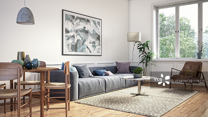 现代斯堪的纳维亚客厅室内- 3d渲染图片素材
