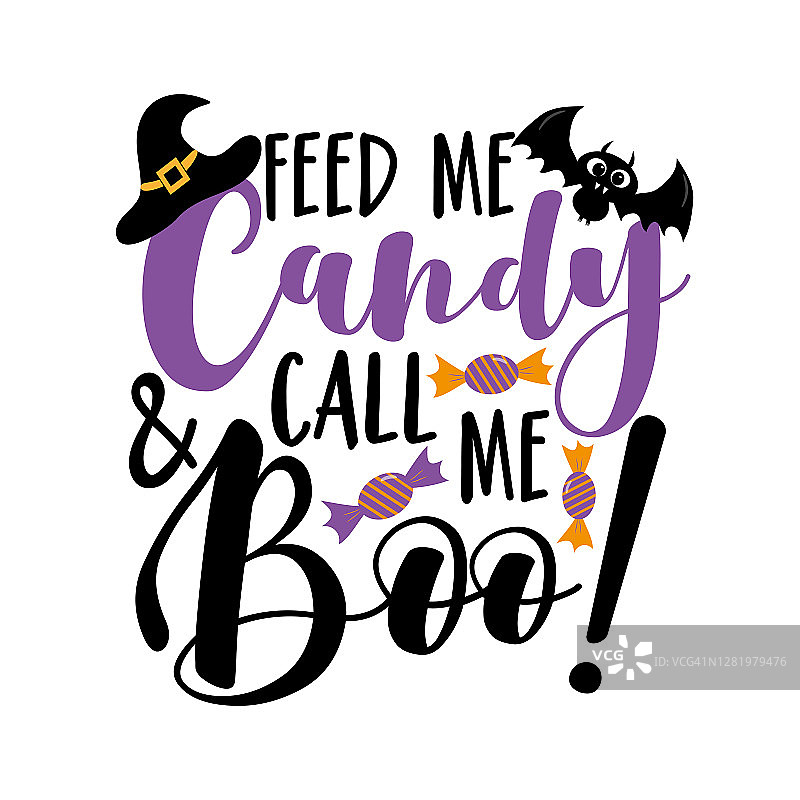 喂我糖果，叫我布!——万圣节的有趣说法，有可爱的蝙蝠、糖果和女巫帽。图片素材