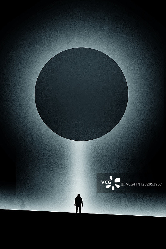 这是一个极简的科幻小说编辑，一个人站在一束光下，天空中出现了日食。图片素材
