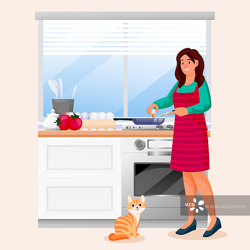 快乐的女人在厨房炒鸡蛋。小女孩和红猫做美味的早餐。矢量图图片素材