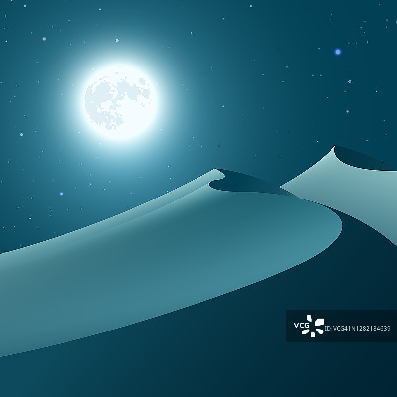 蓝夜沙漠与月亮和星空图片素材