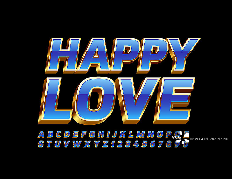 向量别致的卡幸福的爱情。蓝色和金色的字母和数字图片素材