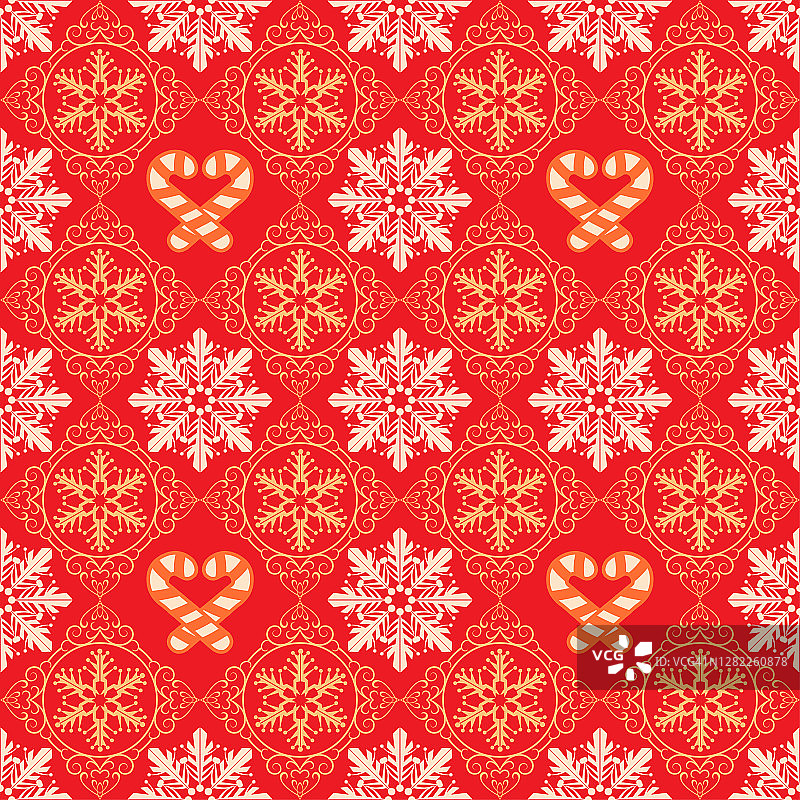 圣诞节，无缝图案与雪花在红色的背景。矢量图图片素材