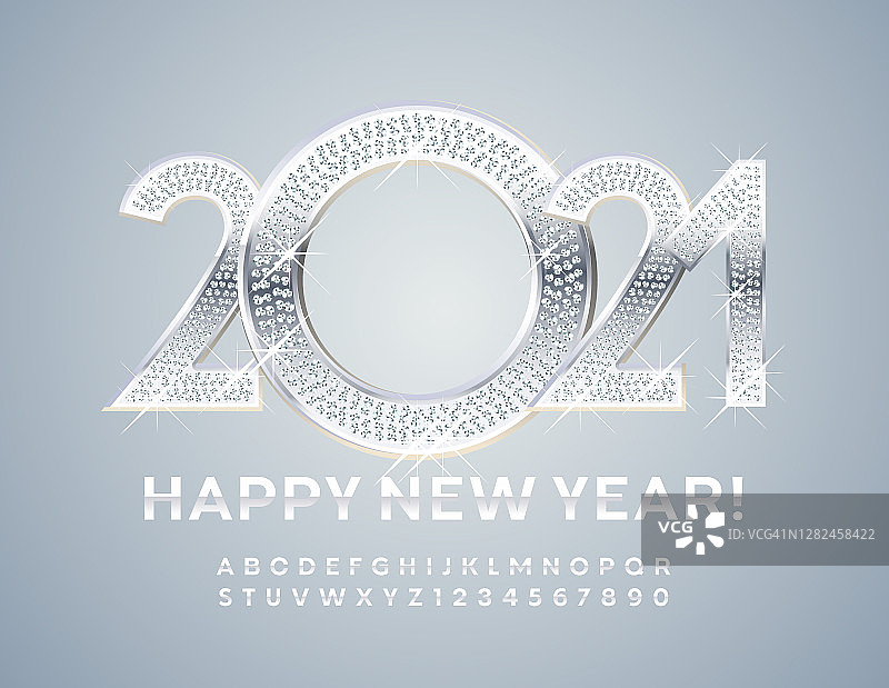 矢量辉煌贺卡新年快乐2021!银星字母和数字集图片素材