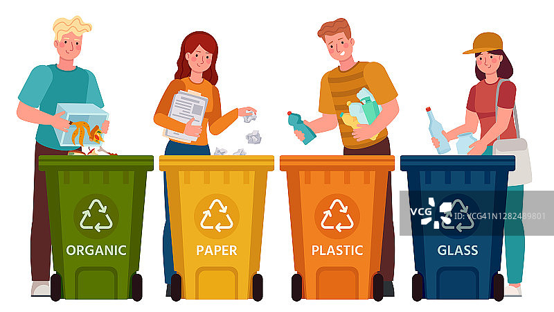 人们垃圾分类。男人和女人把垃圾分类，把垃圾扔进回收箱。生态生活方式矢量图图片素材