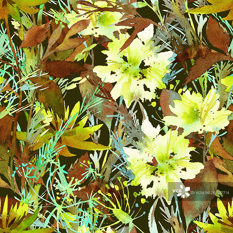 明亮的夏季花卉背景。水彩画上盛开的大花园花，混合着草药、树叶和草地植物。复古风格。适用于织物和纺织品，任何覆盖范围。图片素材